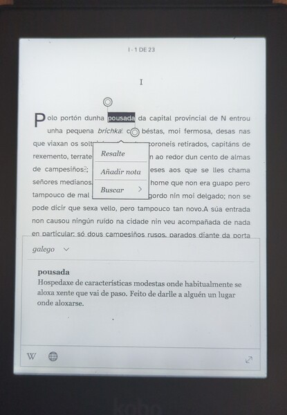 foto do lector mostrando a palabra definida no dicionario en galego foto do lector de libros mostrando una palabra seleccionada e a súa definición en galego