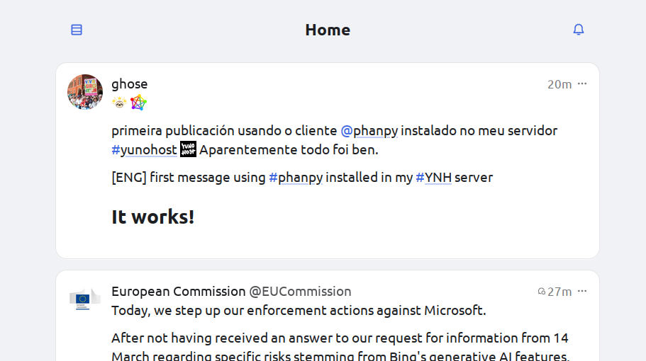 imaxe dunha mensaxe publicada desde o cliente recén instalado